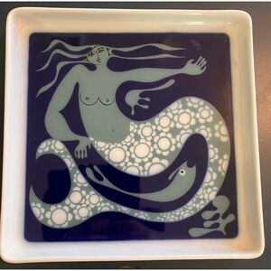 Bing & Grondahl Art Deco Rare Mermaid Runa Blue & White #‎ 4737-363 7.5"x7.5"